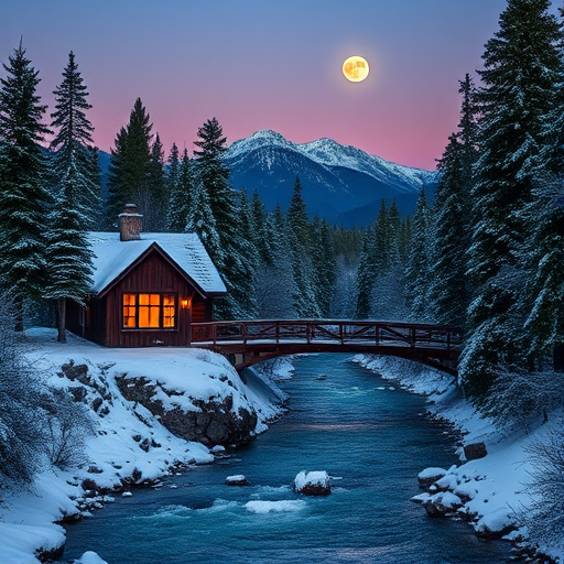 Create a serene winter landscape featuring a cozy cabin with warm light glowing from the windows, a snow-covered bridge over a gently flowing river, surrounded by tall pine trees and distant mountains under a twilight sky with a full moon, shot with a Nikon D850, ISO 100, aperture f/8, 24mm lens, shooting in landscape orientation for enhanced detail and clarity.