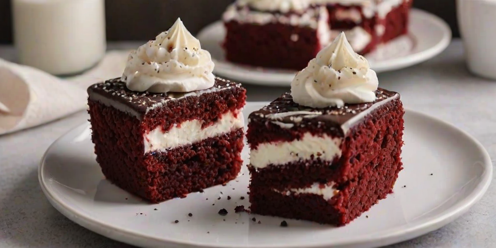 Create an image of two small red velvet cakes layered with cream cheese frosting, topped with whipped cream, a piece of dark chocolate, and a sprinkle of powdered sugar. The cakes should be presented on a white rectangular plate with a light, elegant background.