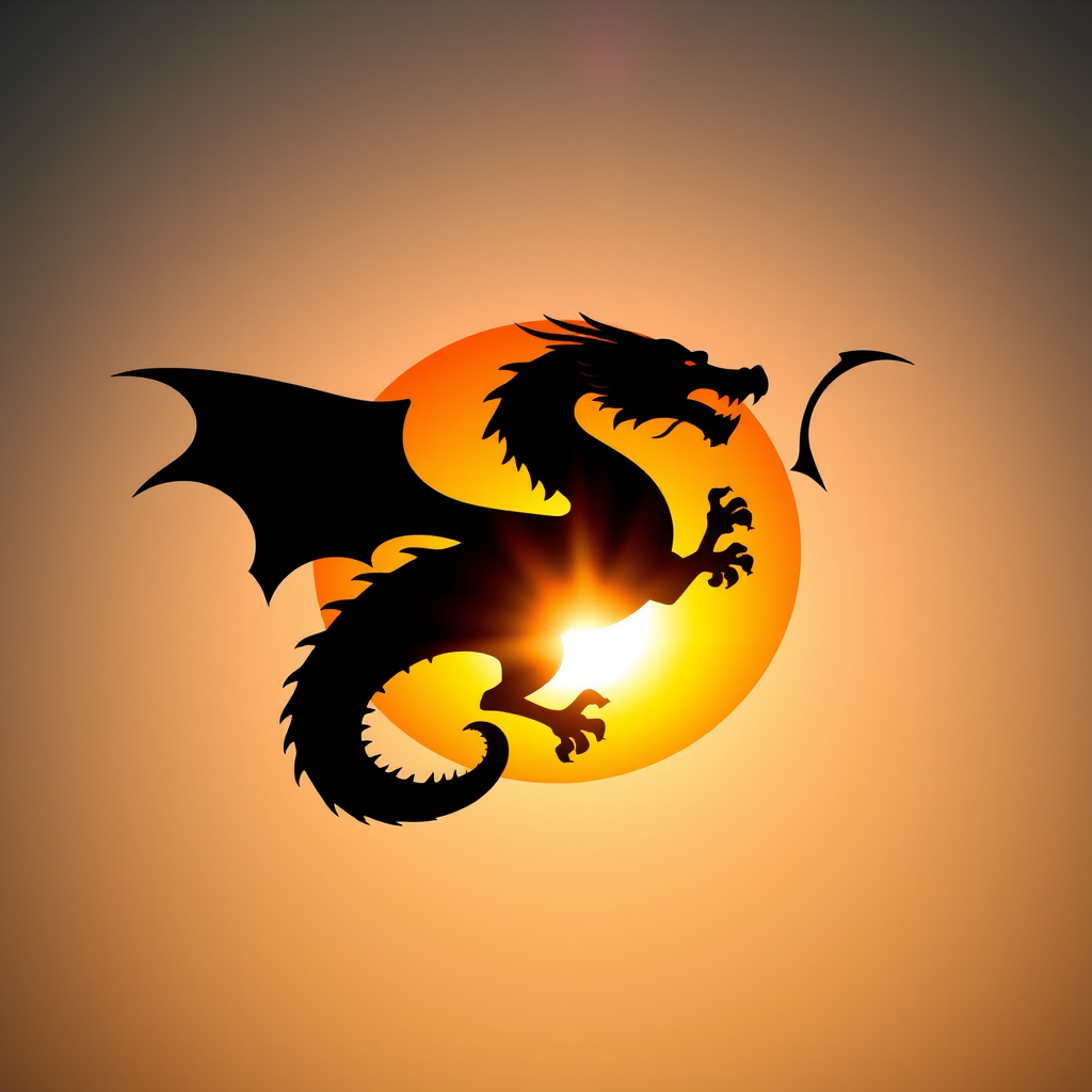 Create an image of a stylized dragon silhouette integrated into a vibrant sun, capturing fiery details with a sharp focus, using a DSLR camera at f/8 aperture, ISO 100, 1/1000 sec shutter speed, shot from a wide-angle perspective to enhance the dramatic effect.