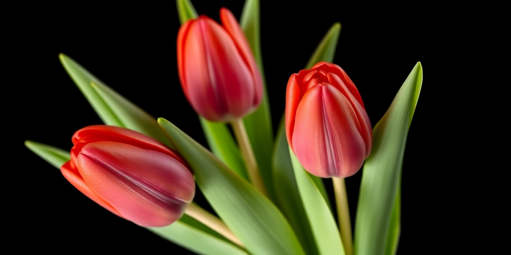Create a high-resolution image of three vibrant red tulips with lush green leaves on a solid black background, using a macro lens at f/2.8 for a shallow depth of field, captured from a low angle to enhance the flowers' prominence, utilizing a DSLR camera for optimal color accuracy and detail.