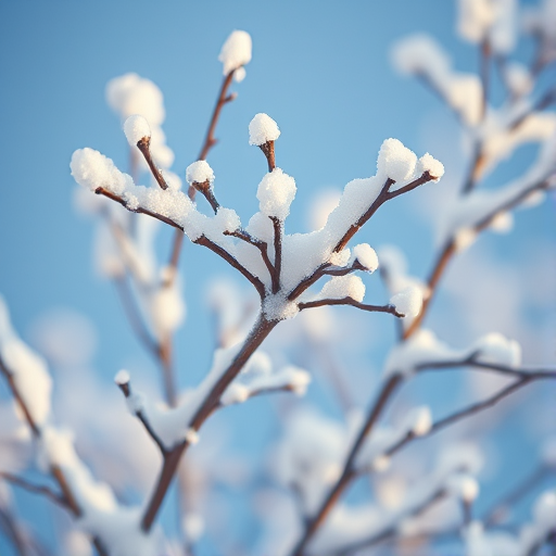 capture a close-up shot of snow-covered branches against a soft blue background, use a DSLR camera with a 50mm lens, aperture set to f/2.8 for shallow depth of field, shutter speed of 1/200s, and ISO 100 for crisp clarity while maintaining soft bokeh in the background