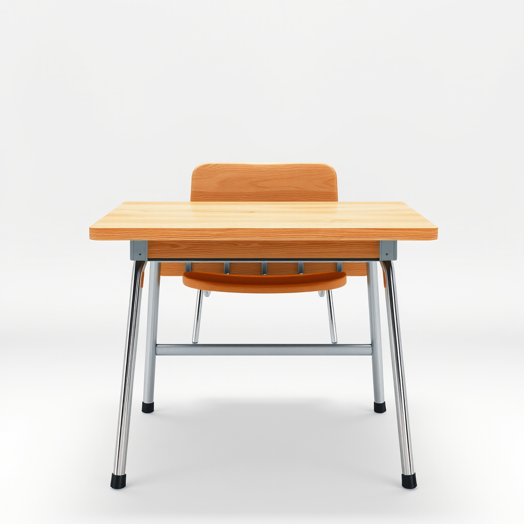 create a high-resolution vector illustration of a school desk from a frontal view with a light wood finish and metal legs, using a DSLR camera with a 50mm lens, aperture f/1.8, ISO 100, soft lighting to enhance details and colors, focus on the textures of the wood and the metal components