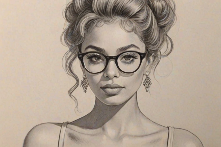 Exquisite DaniLeigh, pencil sketch, portrait of Fascinating woman 1965s in glasses, hair style beatnik, outline, clear lines, fine lines, 8k