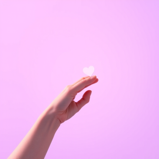 Create a minimalistic illustration of a hand with a heart shape resting on the fingertip, using a soft purple gradient background, shot with a DSLR camera at f/4 aperture and ISO 100, with a 50mm lens and a shallow depth of field for a dreamy effect, using a side lighting technique to enhance the contours of the hand.
