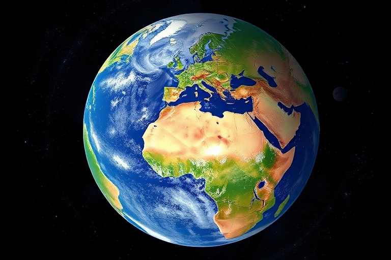 Create a high-resolution digital illustration of a stylized Earth globe, with vibrant colors and detailed landmasses, captured with a DSLR camera at f/8 aperture, 24mm focal length, in an overhead view, using a wide-angle lens to enhance depth and clarity.