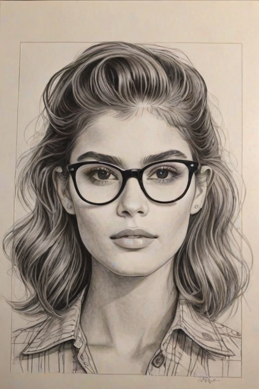 Ravishing Kaia Gerber, pencil sketch, portrait of Exquisite woman 1943s in glasses, hair style beatnik, outline, clear lines, fine lines, 8k