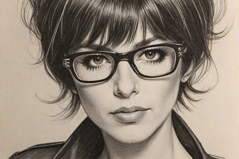 Bewitching Diane Warren, pencil sketch, portrait of Dazzling woman 1967s in glasses, hair style beatnik, outline, clear lines, fine lines, 8k