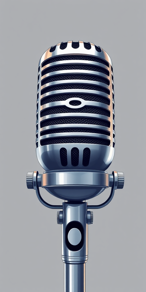 Illustration of a vintage silver microphone with detailed lines and shadows, high resolution 300 DPI, shot with a Canon EOS 5D Mark IV, f/8 aperture, ISO 100, 50mm lens, front view, studio lighting.