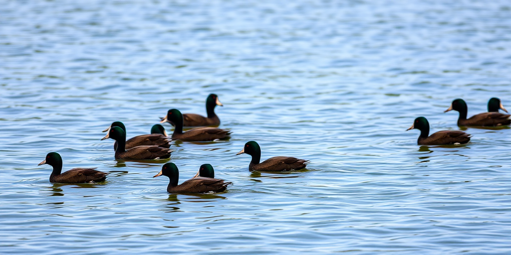 a flock of black coots swimming in a serene lake with rippling water, bright daylight, 50mm lens, f/4 aperture, ISO 100, shallow depth of field, captured with a DSLR camera