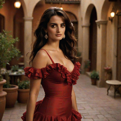 Alluring photograph of Penelope Cruz, celebrated for her performances in "Vicky Cristina Barcelona" and "Volver," capturing her sultry gaze, long dark hair, and full lips, dressed in a flamenco-inspired red dress with ruffles, posed gracefully in a dimly lit Spanish courtyard.