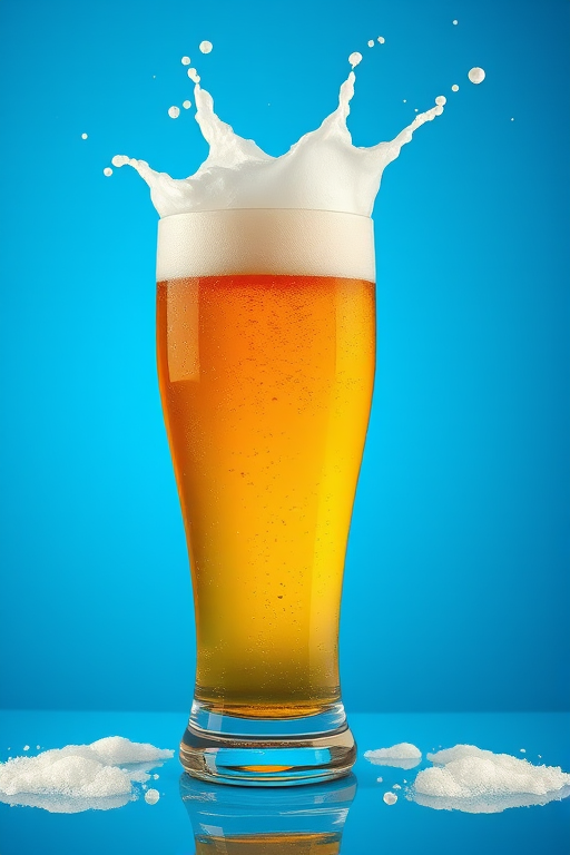 Generate a vibrant and detailed illustration of a pint of beer splashing with foam against a bright blue background, shot with a Canon EOS R5, 50mm lens, aperture f/2.8, 1/200 sec exposure, and enhanced colors to emphasize the golden amber hue and frothy texture.