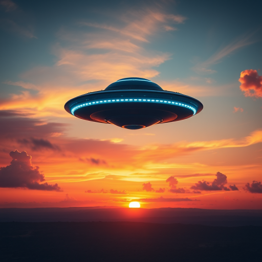 Generate a high-resolution image of a futuristic UFO hovering above a serene landscape during sunset with vibrant clouds in the background, captured with a Canon EOS R5, 24mm lens, aperture f/8, ISO 100, 1/200 sec shutter speed, wide-angle view, realistic style.