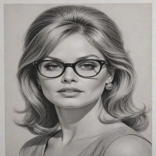 Pleasing Beverly D'Angelo, pencil sketch, portrait of Stunning woman 1960s in glasses, hair style beatnik, outline, clear lines, fine lines, 8k
