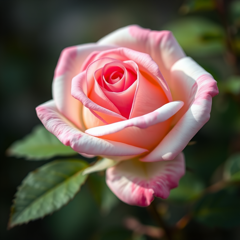 macro shot of a pink and white rose with green leaves, soft focus background, natural lighting, aperture f/2.8, ISO 100, shutter speed 1/200, DSLR camera, close-up view, shallow depth of field