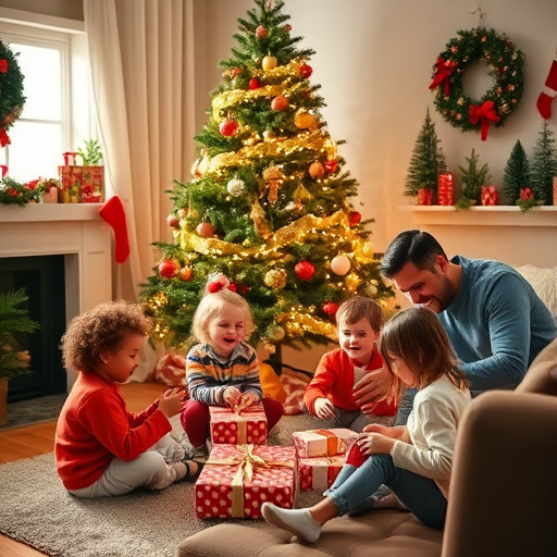 Create a cozy holiday scene featuring a family gathered around a beautifully decorated Christmas tree. Include children playing with gifts, a cheerful adult enjoying the moment, and a warm, inviting atmosphere with festive decorations and a cozy living room setting.