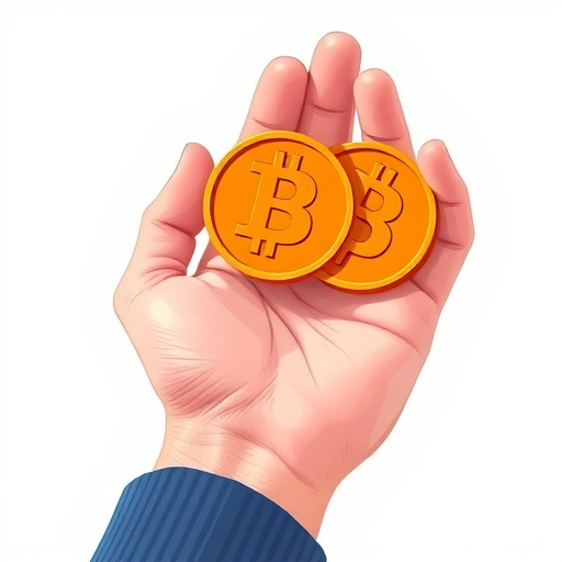 Create a digital illustration of a hand holding three stylized orange coins with a 'D' symbol, focus on a clean white background, use a Canon EOS R5 camera, set aperture to f/4 for depth of field, ISO 100 for clarity, and a 50mm lens for detail enhancement.