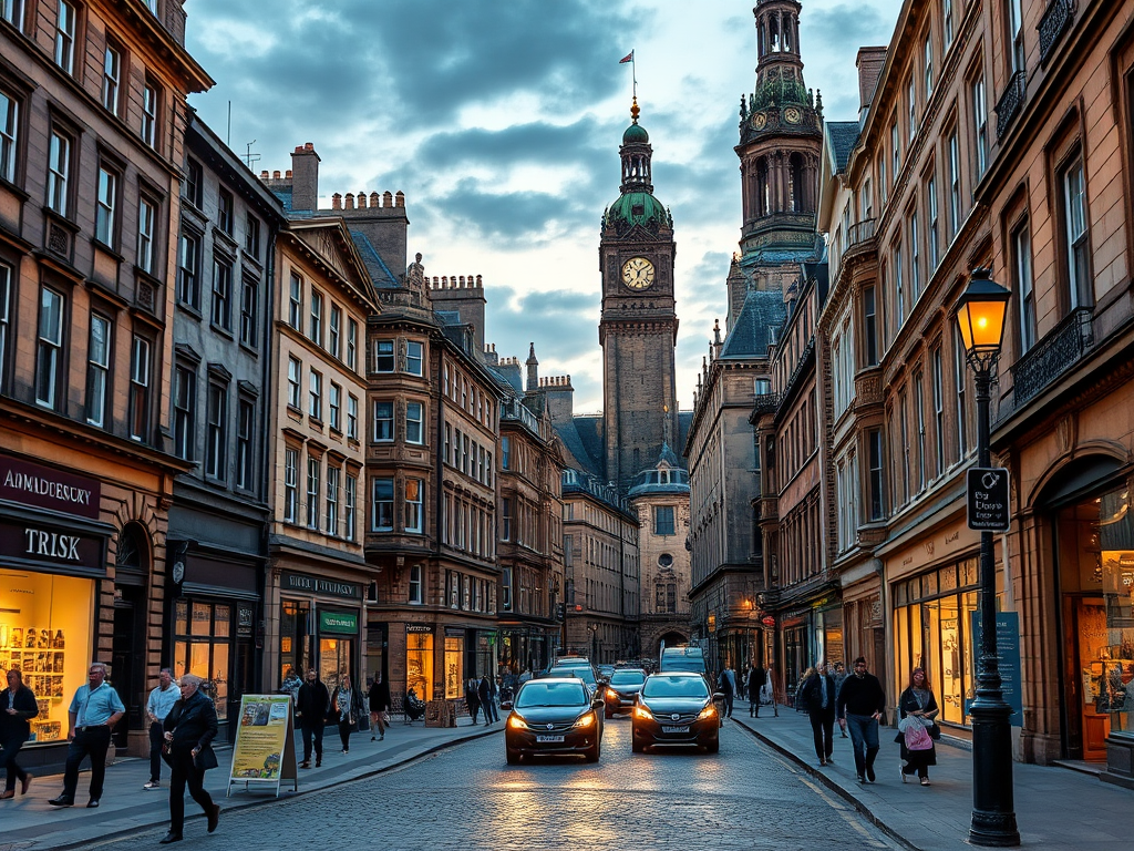 regenerate the image of a bustling street scene in Edinburgh at dusk, showcasing historic buildings with intricate architecture and a prominent clock tower, captured with a Canon EOS R5 at f/8, 35mm lens, ISO 100, 1/125s, with a wide-angle perspective and soft, warm lighting to enhance the ambiance