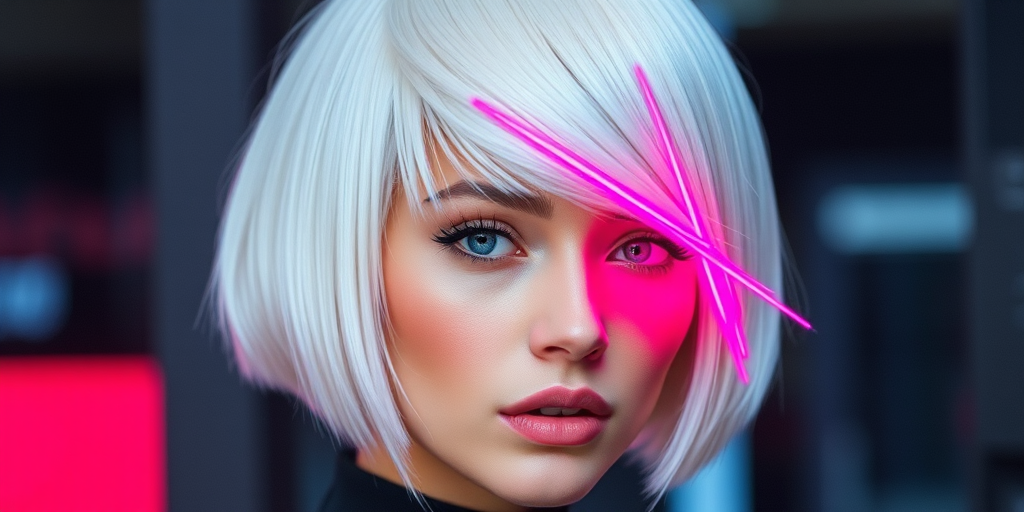 Sleek platinum blonde bob with razor-sharp edges and a single neon pink streak running asymmetrically through the fringe, exuding futuristic chic energy known as Cyber Frost