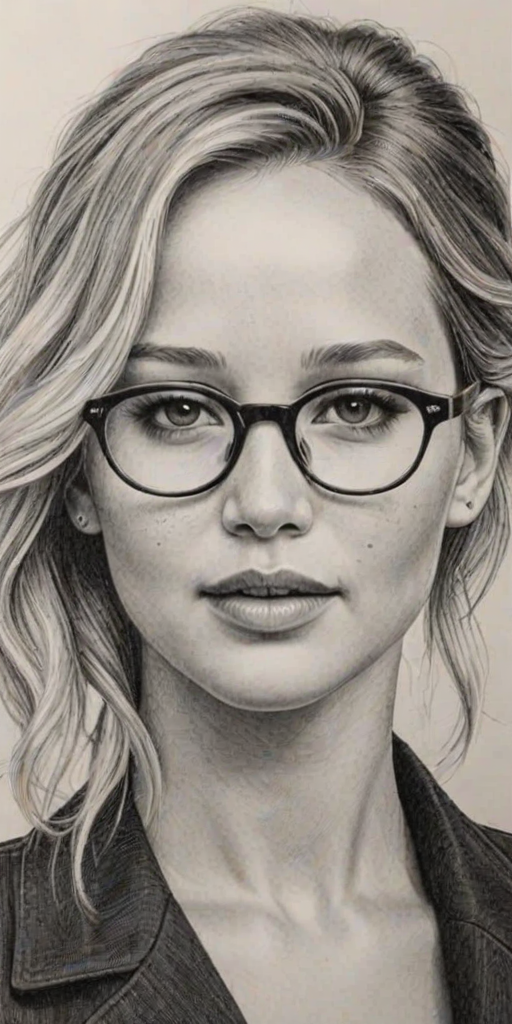 Exquisite Jennifer Lawrence, pencil sketch, portrait of Resplendent woman 1969s in glasses, hair style beatnik, outline, clear lines, fine lines, 8k