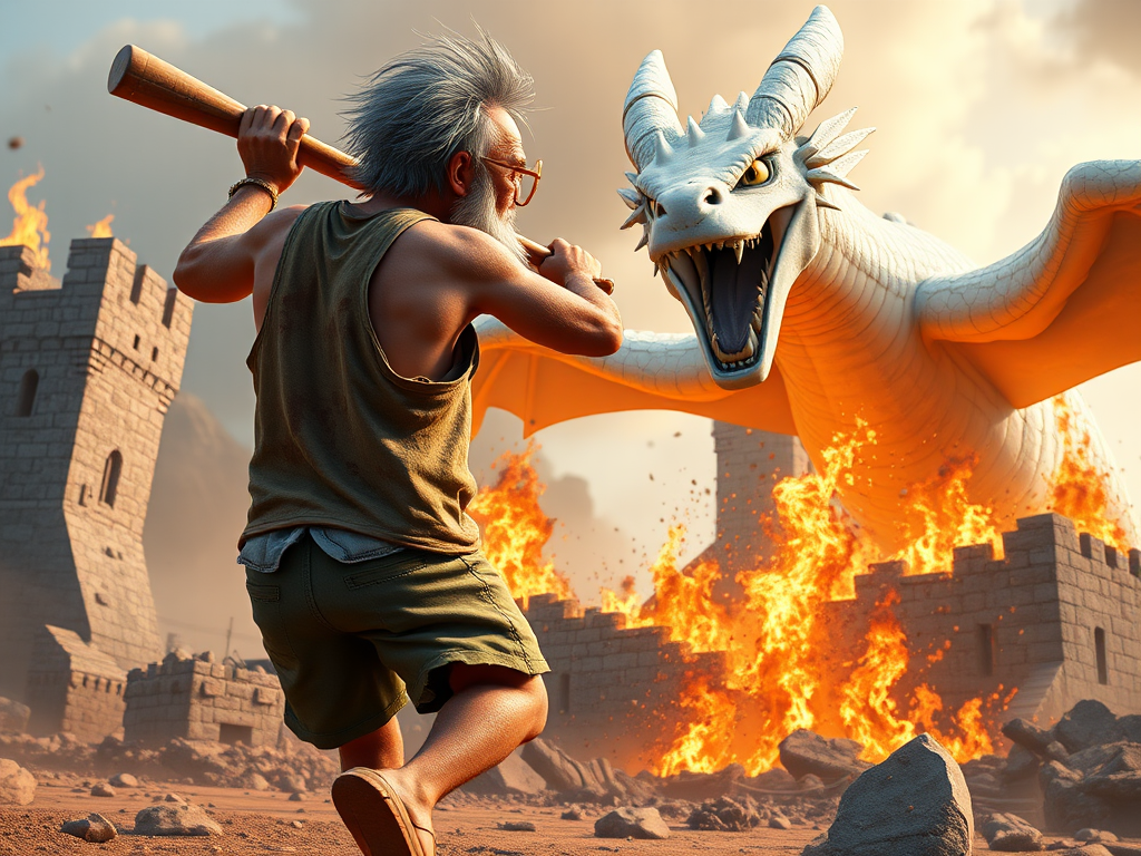Cartoon 3D High-Resolution,dynamic battle scene using Unreal Engine 5 and Octane Render. The scene features back of an elderly, thai man with a beard,messy hair and round golden-rimmed glasses. He is wearing a tattered tank top with soot marks, shorts, and sandals. sweating. he wields a baseball bat. He jump to fight with a white fire-breathing Europe dragon amidst a partially destroyed stone castle. Include intense flames, smoke, and debris to enhance the dramatic effect.