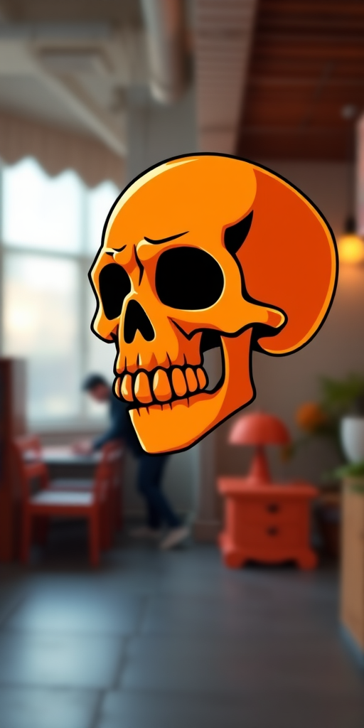 Create a vibrant digital illustration of a stylized skull in a playful cartoon style with an orange color scheme, using a Canon EOS R5 camera, 50mm lens, f/2.8 aperture, ISO 100, and a shallow depth of field to emphasize the skull with a softly blurred background.
