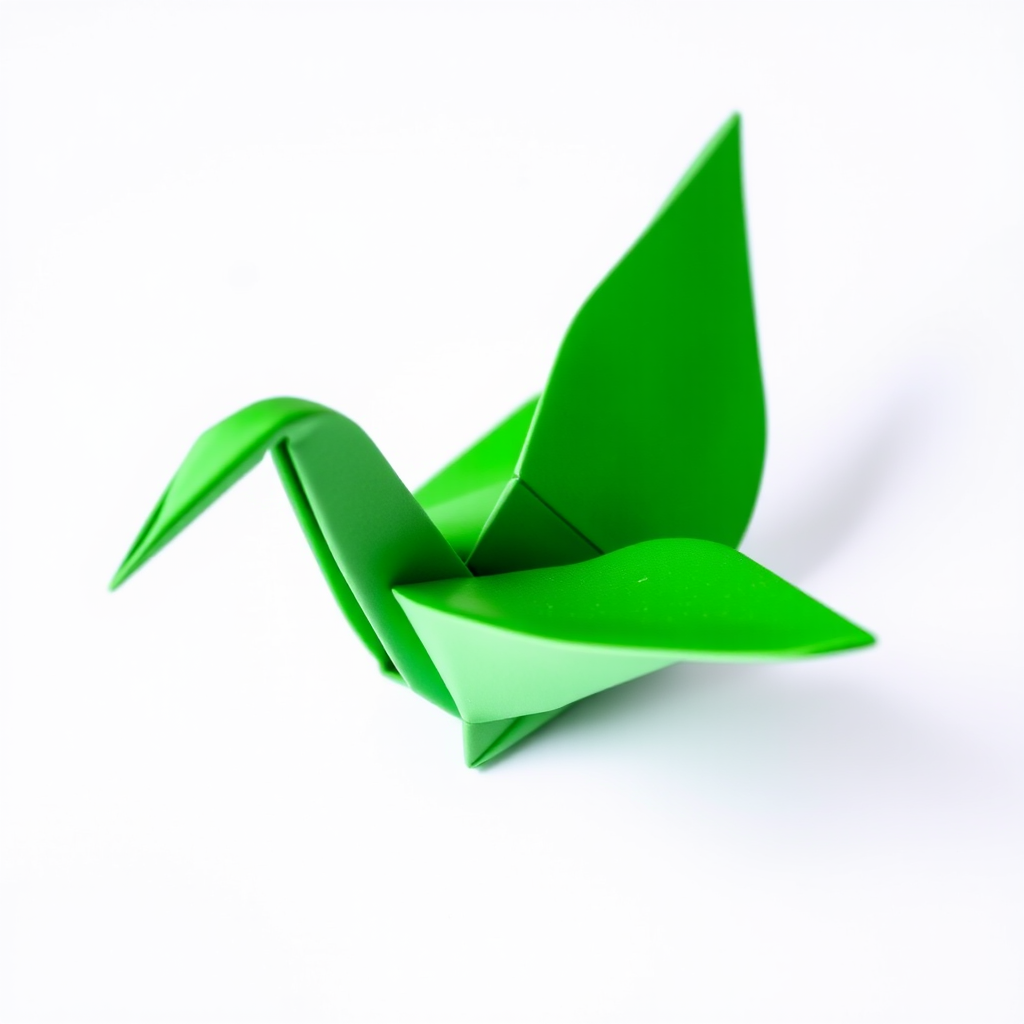 Create a high-resolution image of a green origami crane against a clean white background, using a DSLR camera with a 50mm lens, aperture set to f/2.8, ISO 100, and natural lighting to enhance the colors and details.
