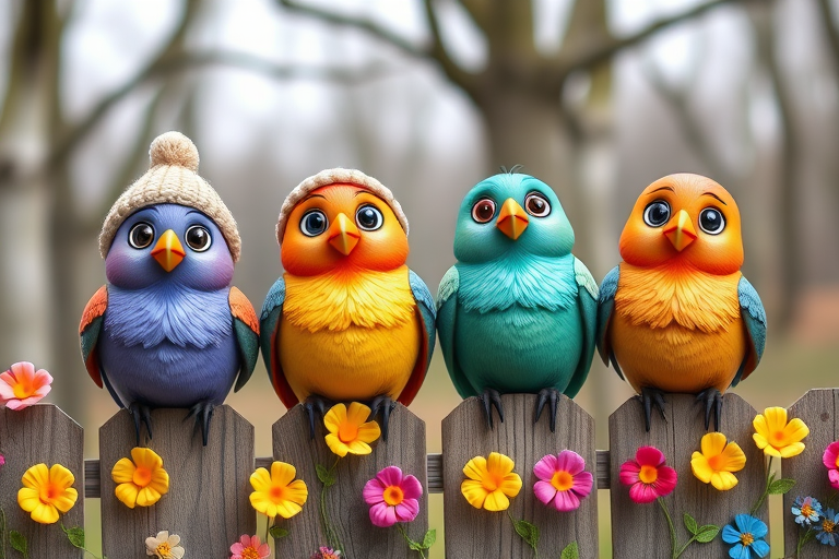create a scene of 4 quirky  whimsical colourful comical birds each with a funny expression. they are sat on a wooden fence with colourful flowers. they are all different sizes. each one is a different colour  one is wearing a woolly hat. Each one has a different quirky google expression and there is a muted background of trees watercolour paintierly style high definition 8k resolution 3D paper mache