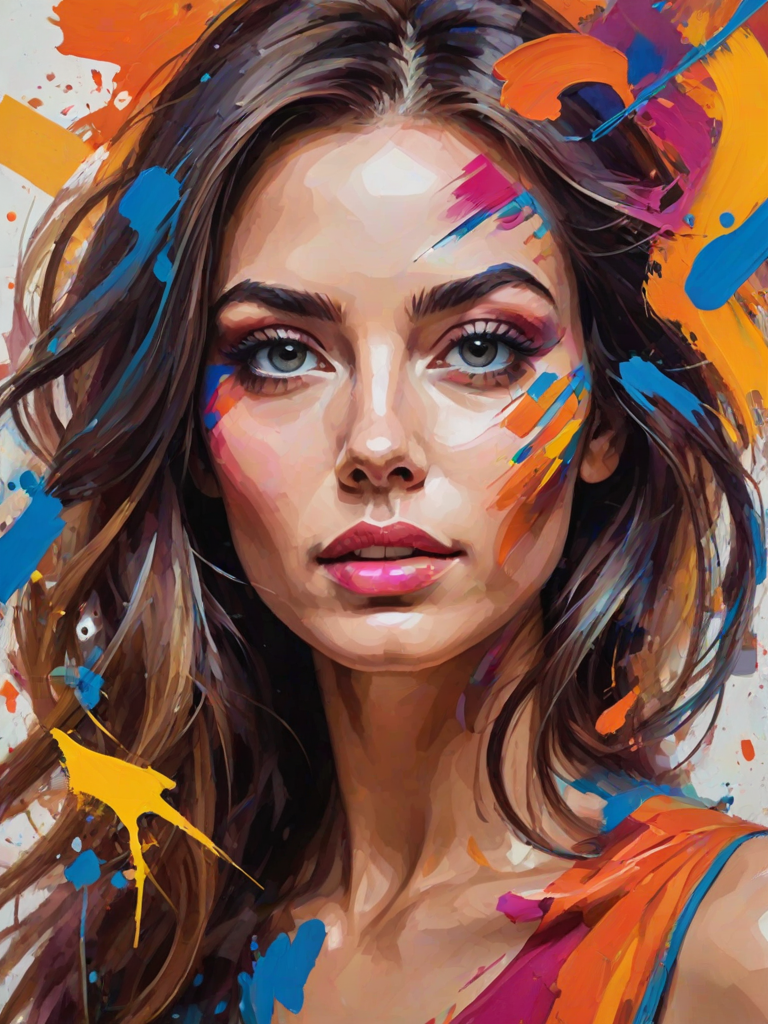 create a vibrant portrait of a woman with striking features and colorful abstract brush strokes around her face, emphasizing bold colors and a dynamic background