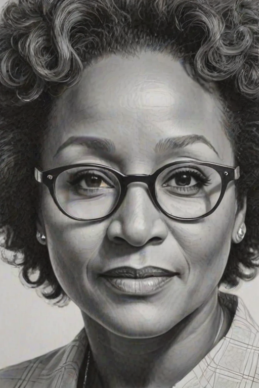 Fascinating Wanda Sykes, pencil sketch, portrait of Resplendent woman 1964s in glasses, hair style beatnik, outline, clear lines, fine lines, 8k