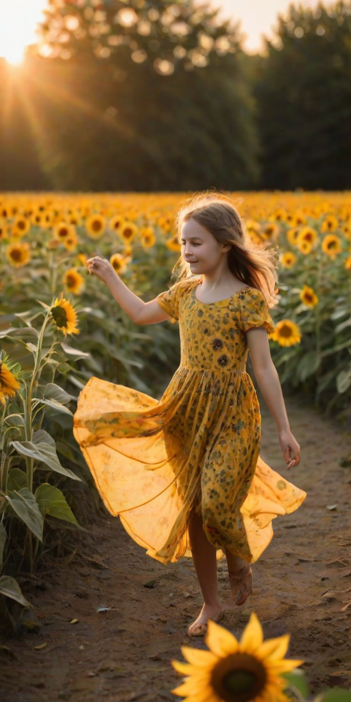 Blurry action shot of a young girl twirling in a field of sunflowers at sunset, her dress billowing in the wind, soft golden light casting long shadows on the ground.