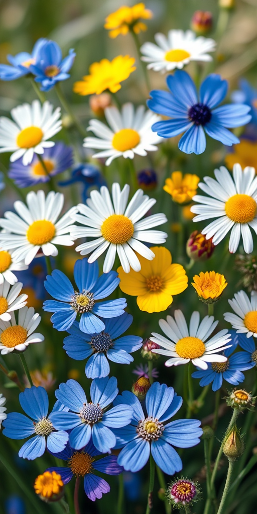 Create a high-resolution illustration of assorted wildflowers including blue cornflowers, white daisies, and yellow blooms arranged naturally, captured using a DSLR camera with a 50mm lens, aperture f/2.8, 1/125 shutter speed, and a soft focus background for depth.