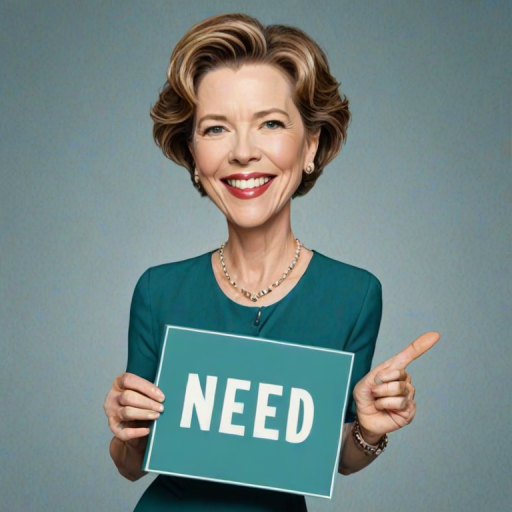 caricature of a smiling Annette Bening in a Teal dress or suit, holding up a sign that says "NEED A JOB", no watermark,
