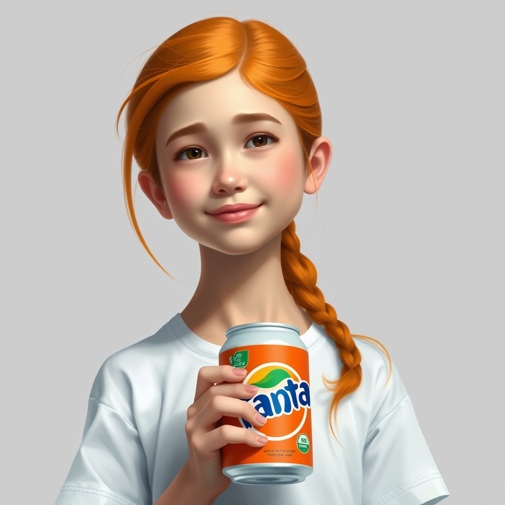 3D painting portrait of a young girl, orange hair, wearing white t-shirt, holding a can of Fanta. simple grey bg. vibrant color.