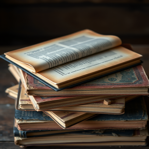 stack of old, weathered books with torn pages and a vintage look, taken from a top-down angle using a DSLR camera, f/4 aperture, ISO 200, 50mm lens, natural lighting, shallow depth of field