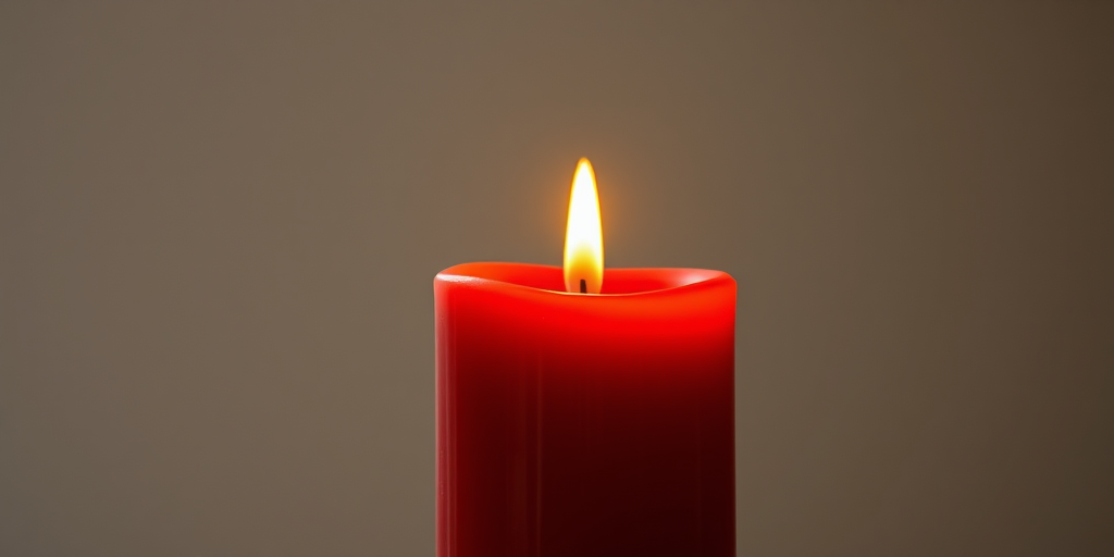 Create a realistic image of a red candle with a glowing flame, using a DSLR camera with a 50mm lens, aperture set to f/2.8, ISO at 100, and soft natural lighting for enhanced detail and warmth.