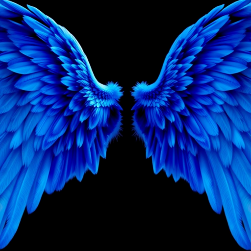 Regenerate an image of vibrant blue angel wings, detailed feather texture, soft lighting for depth, using a DSLR camera with a 50mm lens, aperture f/2.8, ISO 100, shot from a slightly elevated angle to capture the wings' full span, in high resolution for clarity and vibrancy.