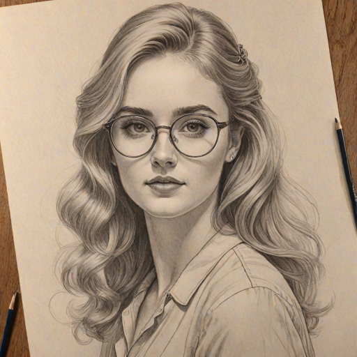 Charming Kathryn Newton, pencil sketch, portrait of Exquisite woman 1969s in glasses, hair style beatnik, outline, clear lines, fine lines, 8k