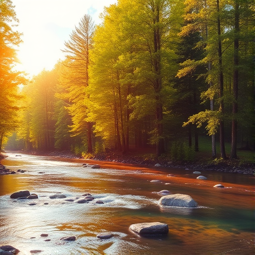 Create an image of a serene, sunlit forest scene with a clear, gently flowing river. Tall trees with lush green foliage line both sides of the river, their leaves bathed in the warm golden light of the setting or rising sun. The sunlight filters through the trees, casting soft, dappled light on the river, which flows over smooth rocks and pebbles, creating a peaceful, natural atmosphere. The sky is bright with a few scattered clouds, and the overall mood is tranquil, evoking a deep sense of connection with nature. The image captures the beauty of a calm, pristine forest landscape at either dawn or dusk.