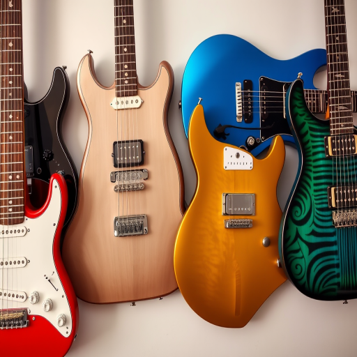 generate an image of six electric guitars in various colors including red, silver, blue, gold, green, and black, each uniquely designed with sleek lines and vibrant patterns, captured in high resolution with a Canon EOS 5D Mark IV, 50mm lens, f/1.8 aperture, ISO 100, with soft lighting for a polished look and a shallow depth of field to focus on the guitars while softly blurring the background