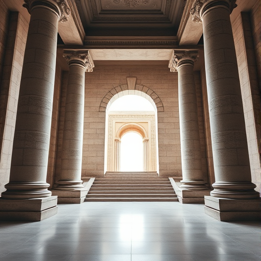 Create an image of a grand hall with two large globe-topped columns framing a set of stone stairs leading to a bright archway, viewed from the front, with soft diffused lighting, high resolution, using a DSLR camera, f/2.8 aperture, 24mm lens, ISO 100, and a wide-angle perspective.