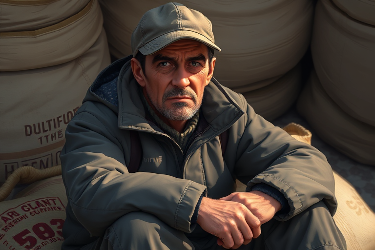 Create a digital illustration of a man sitting on a sack, wearing a cap and a warm jacket, with a weary expression, captured in a close-up view, using a high-resolution digital camera with a 50mm lens, aperture set to f/2.8, ISO 100, soft natural lighting to enhance details and texture.