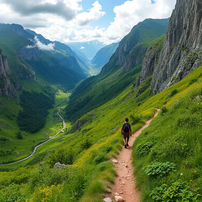 a person walking along a narrow trail in a lush green valley surrounded by steep mountains and a river in the distance, taken with a Canon EOS R5, 24mm lens, f/8 aperture, 1/125 sec shutter speed, ISO 200, natural light, capturing a panoramic view to enhance depth and detail