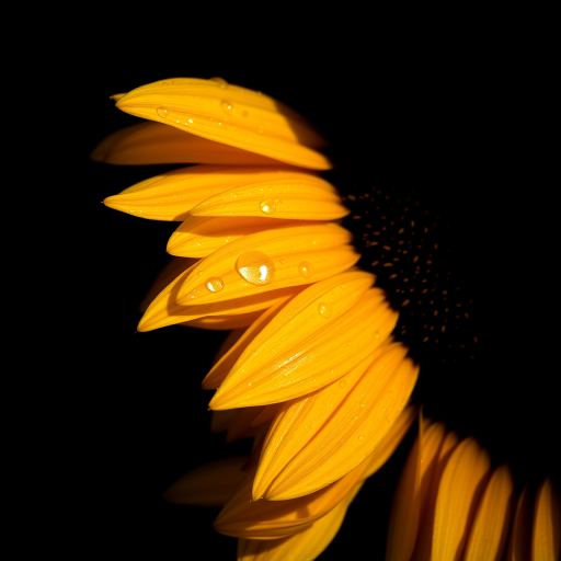 Sunflower with water droplets on petals, close-up shot, black background, natural light, aperture f/2.8, ISO 100, shutter speed 1/200s, macro lens, DSLR camera.
