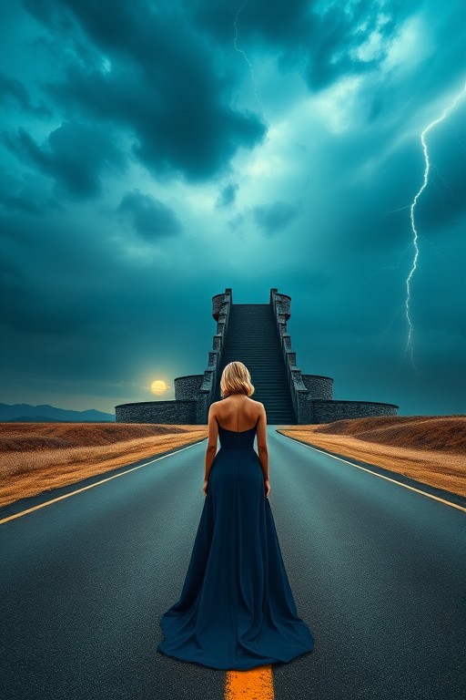 A woman in an elegant navy gown standing on an empty road under a dramatic sky with lightning and a mystical staircase in the background, shot with a DSLR camera at f/2.8, ISO 100, 1/500s, wide-angle lens, in a surreal, high-contrast style with vibrant colors.