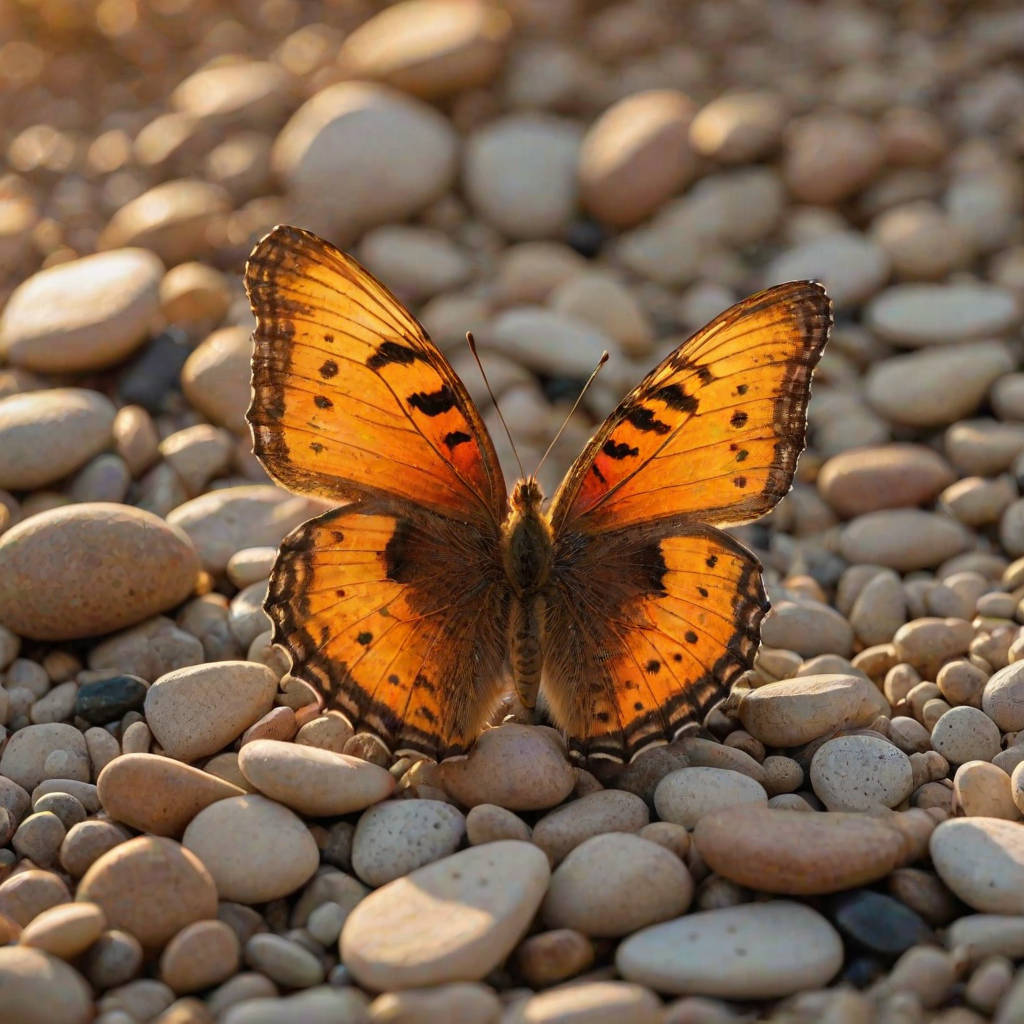A vibrant orange and yellow butterfly with black markings is perched on a bed of small, brown pebbles in the warm, golden light of a setting sun. The butterfly is facing the viewer with its wings slightly raised, creating a sense of delicate movement. The background is a soft, blurred green and yellow, creating a gentle, natural atmosphere. The image is captured in a close-up perspective, focusing on the butterfly's intricate details and the warm glow of the sunlight.