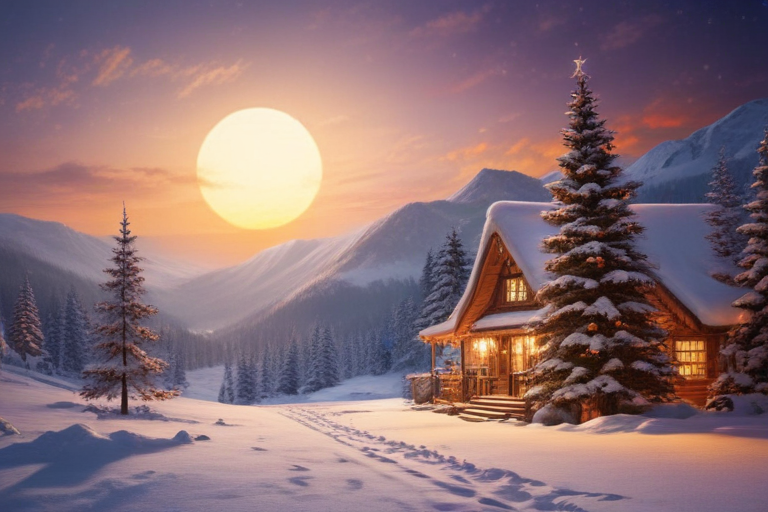 Cozy Cabin Nestled in Snowy Mountains Under a Beautiful Sunset Glow