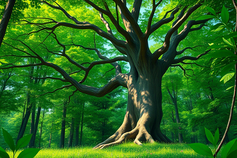Generate a vibrant illustration of a detailed tree in a lush green forest setting, captured with a DSLR camera at f/4 aperture, ISO 100, 50mm lens, and shot from a low angle perspective to enhance depth and texture in the foliage.