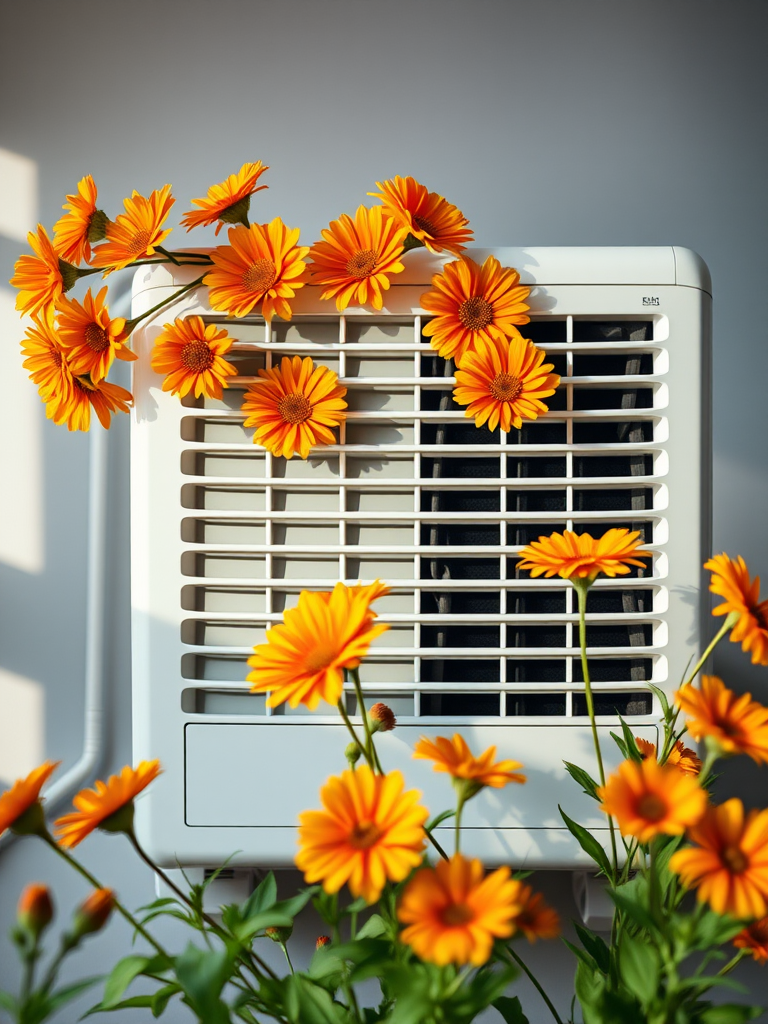 Create a still life composition featuring a modern air conditioner adorned with vibrant orange and yellow flowers, captured with a Canon EOS R5, 50mm f/1.8 lens, f/2.8 aperture, ISO 100, natural soft lighting, shallow depth of field.