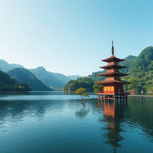 Regenerate the image of a serene landscape featuring a traditional pagoda on stilts surrounded by lush green mountains and a calm water surface, using a DSLR camera with a 50mm lens, f/8 aperture, ISO 100, and natural lighting for enhanced detail and vibrant colors.