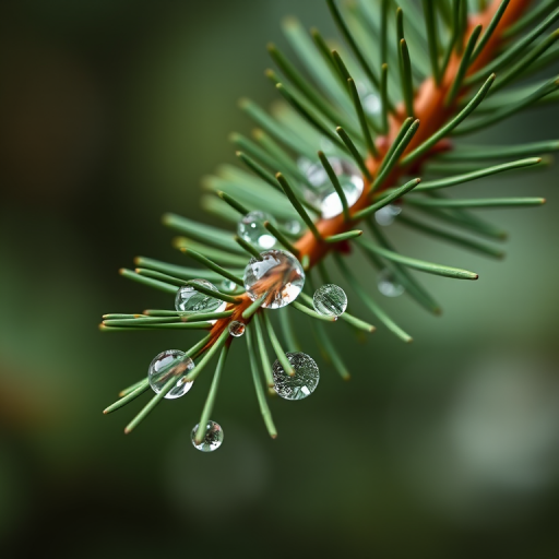 macro shot of a pine needle branch with water droplets, soft bokeh background, natural lighting, aperture f/2.8, shutter speed 1/200s, ISO 100, DSLR camera, 85mm lens, 4K resolution